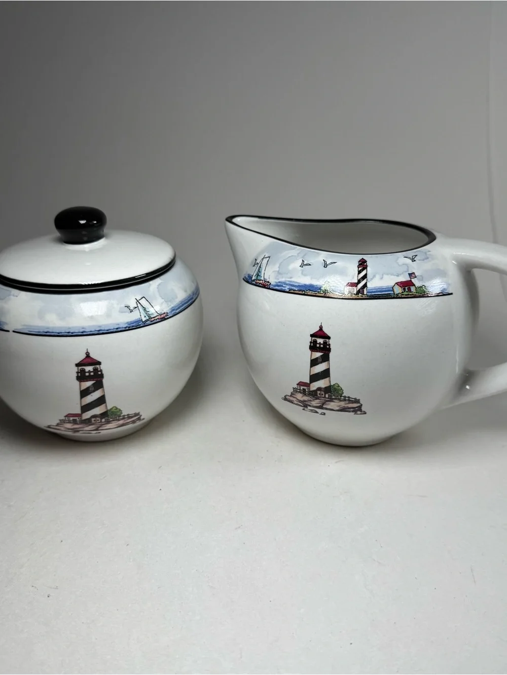 Totally Today Coastal Lighthouse Cream And Sugar Stoneware Pieces 4